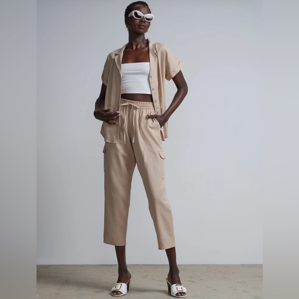 Linen-Blend Oversized Button-Front Shirt & Wide Leg Pant Set
